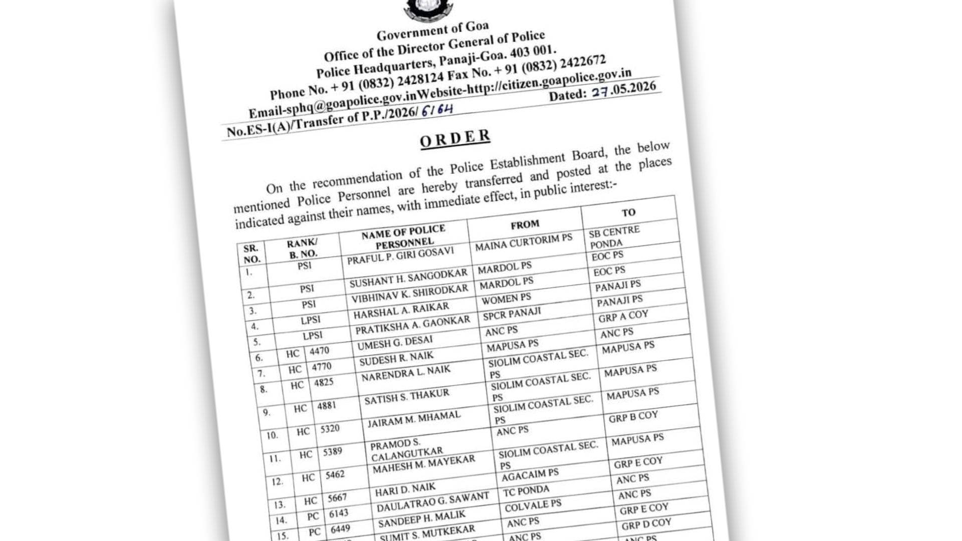 Goa police transfers 14 police inspectors in major reshuffle